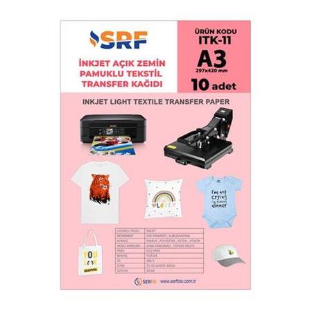 SRF İnkjet A3 Pamuklu Açık Zemin Transfer Kağıdı (10 adet)