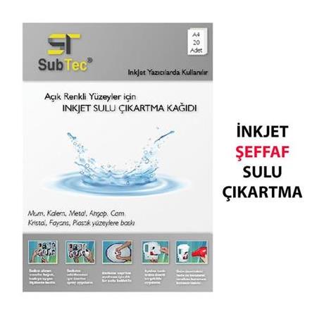 Subtec İnkjet Şeffaf Sulu Çıkartma Kağıdı A4 (20 Adet)